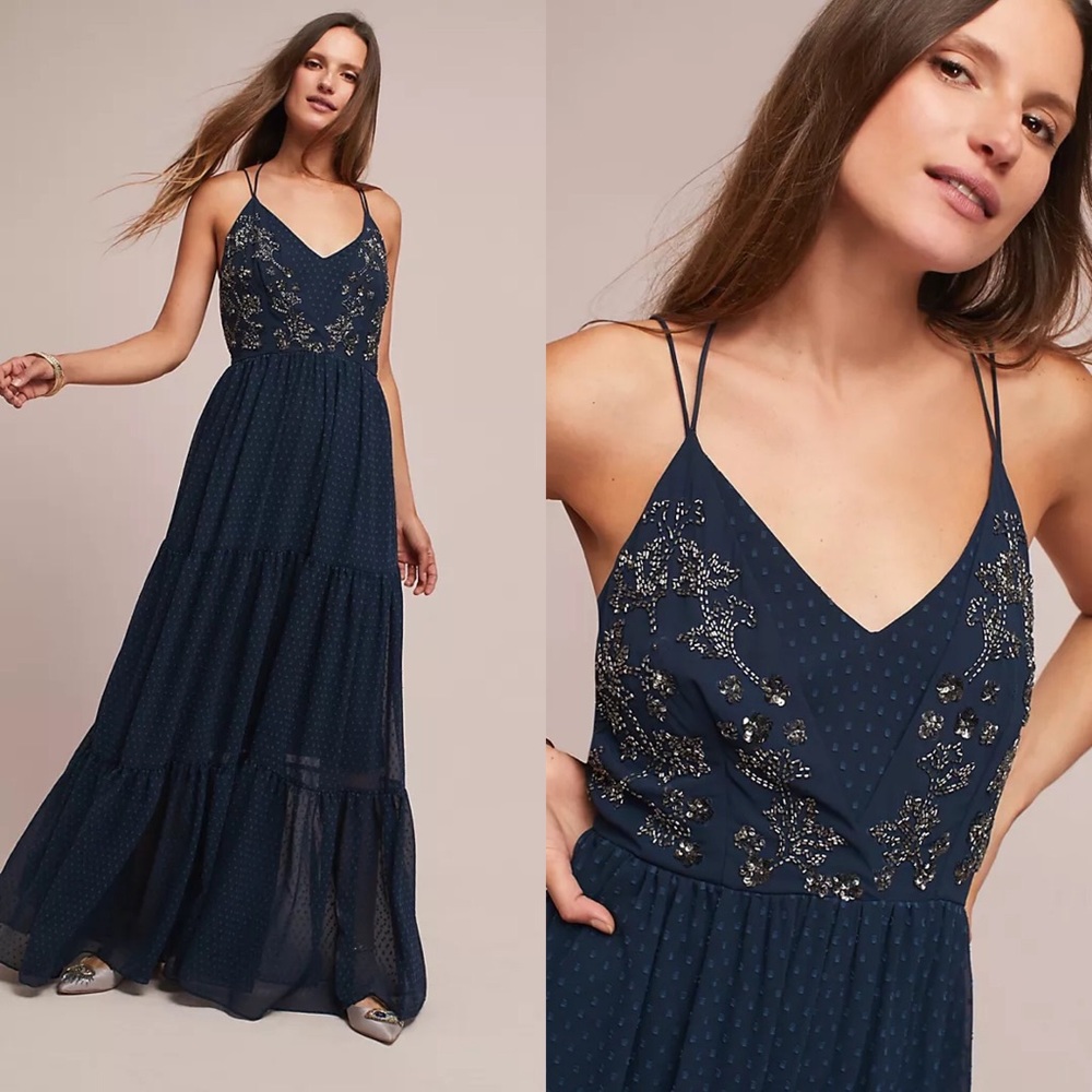 Ranna Gill Anthropologie Lucinda Beaded Bodice Tiered Swiss Dot Maxi Dress 6